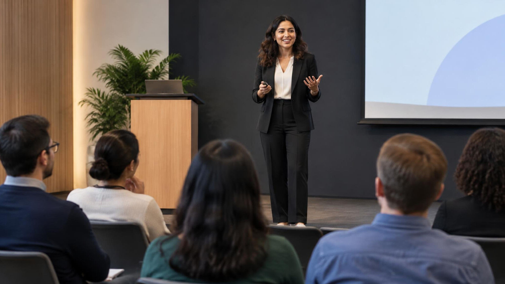 speaker presenting to small audience